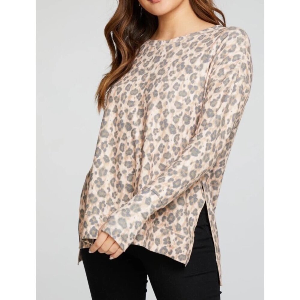 Chaser Long Sleeve Leopard Print Pullover Small S casual loungewear soft comfy